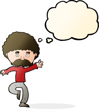 Çizgi filmdeki bıyıklı adam disko bir insan tarafından çizilmiş düşünce balonuyla dans ediyor.