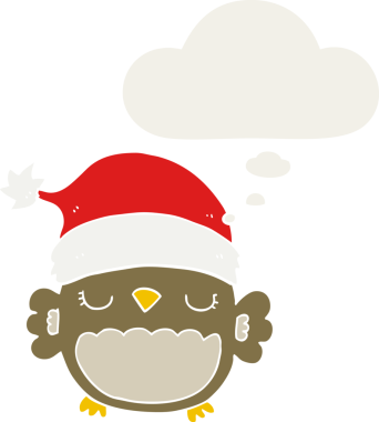 Bir insan tarafından çizilmiş düşünce baloncuğu olan sevimli noel baykuşu.