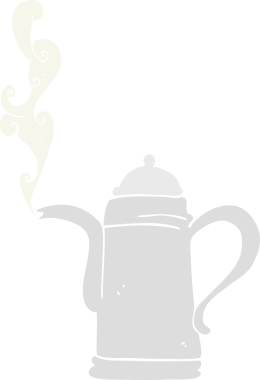 Bir insan tarafından çizilen dumanı tüten kahve ısıtıcısının düz renk çizimi