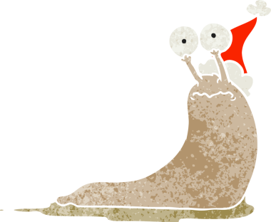 Bir insan tarafından çizilmiş Noel Baba şapkası giymiş bir sümüklüböceğin el çizimi karikatürü.