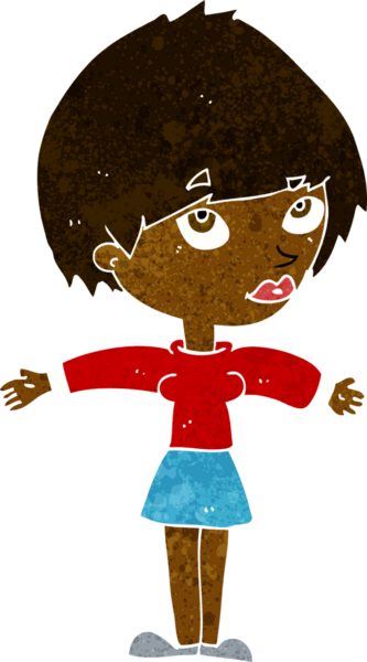 Bir insan tarafından çizilmiş açık kollu çizgi film kadını.