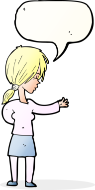 Bir insan tarafından çizilmiş konuşma balonuyla hareket eden karikatür kadın.