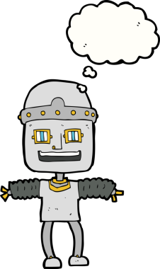 Bir insan tarafından çizilmiş düşünce baloncuklu çizgi film robotu