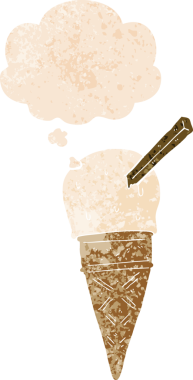 Düşünce baloncuklu çizgi film dondurması grunge sıkıntılı retro desenli bir insan tarafından çizilmiş