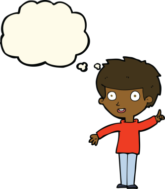 Bir insan tarafından çizilmiş düşünce baloncuğu fikri olan çizgi film çocuğu.