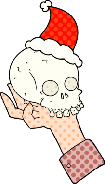 Bir insan tarafından çizilmiş Noel Baba şapkası takan bir elin çizgi roman çizimi.