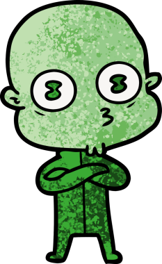 Bir insan tarafından çizilmiş garip kel uzay adamı çizgi filmi.