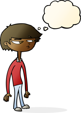 Bir insan tarafından çizilmiş düşünce balonlu şüpheli çocuk çizgi filmi.