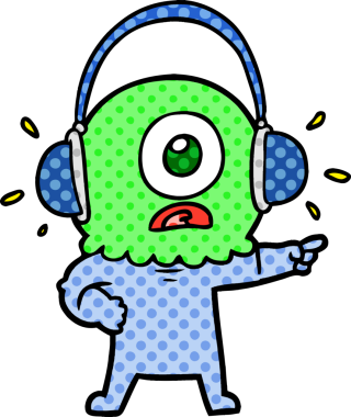 Çizgi film Tepegöz uzaylı uzay adamı bir insan tarafından çizilmiş kulaklık takıyor.