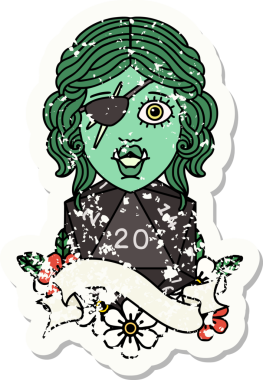 Bir insan tarafından çizilmiş 20 zarlı yarım ork serserisinin grunge sticker 'ı.