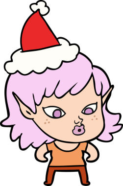 Bir insan tarafından çizilmiş Noel Baba şapkası giymiş güzel bir elf kızı çizimi.