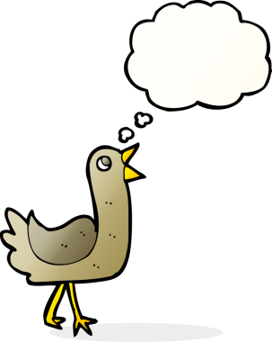 Bir insan tarafından çizilmiş düşünce baloncuklu çizgi film kuşu.