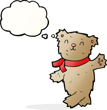 Bir insan tarafından çizilmiş düşünce balonlu oyuncak ayıyı sallayan çizgi film.