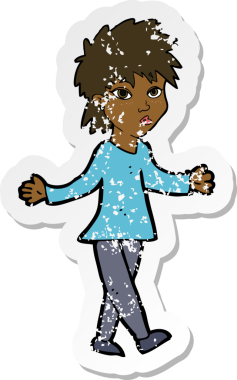 Bir insan tarafından çizilmiş omuzlarını silken karikatürlü bir kadının gerilmiş çıkartması.