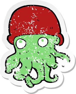 Bir insan tarafından çizilmiş şapka giyen uzaylı bir çizgi film karakterinin gerilimli retro çıkartması.