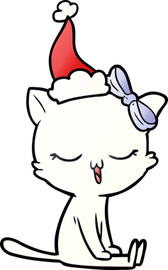 Bir insan tarafından çizilmiş Noel Baba şapkası takan bir kedinin el çizimi çizgi filmi.