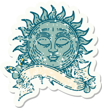 Bir insan tarafından çizilmiş güneşin bayrağı olan eski bir etiket