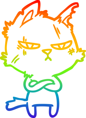 Sert bir çizgi film kedisinin çizdiği gökkuşağı gradyan çizgisi. Bir insan tarafından çekilen kollar.