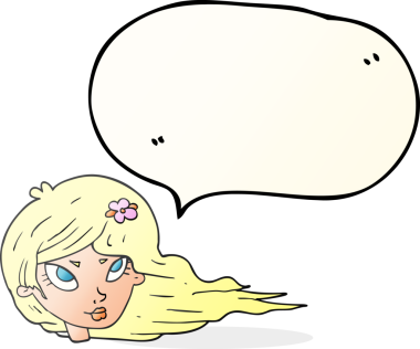 Bir insan tarafından çizilmiş saçı olan serbest konuşma balonu karikatürü kadın.