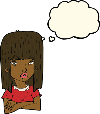 Bir insan tarafından çizilmiş düşünce balonuyla kollarını kavuşturmuş çizgi film kızı.