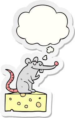 Düşünce baloncuklu peynirin üzerinde oturan çizgi film faresi insan tarafından çizilmiş bir çıkartma gibi.