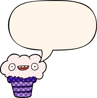 Bir insan tarafından çizilmiş komik çizgi roman tarzı konuşma baloncuklu kek.