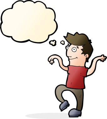 çizgi film mutlu adam bir insan tarafından çizilmiş düşünce baloncuğuyla komik dans yapıyor