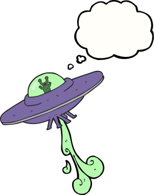 Bir insan tarafından çizilmiş serbest çizim düşünce balonu uzaylı uzay gemisi.