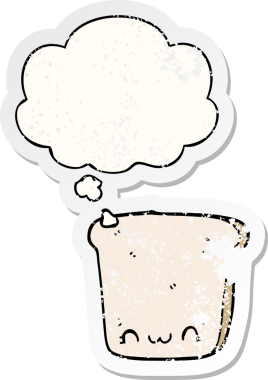 Düşünce baloncuklu bir ekmek dilimi insan tarafından çizilmiş yıpranmış bir çıkartma gibi.