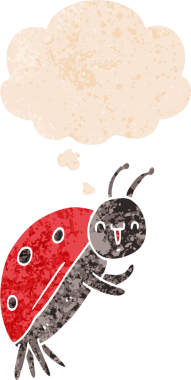 Bir insan tarafından çizilmiş grunge sıkıntılı retro tarzı düşünce baloncuğu ile sevimli uğur böceği çizgi filmi