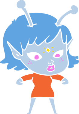 Bir insan tarafından çizilmiş düz renk çizgi film uzaylı kızı.