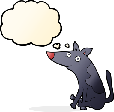 Bir insan tarafından çizilmiş düşünce baloncuklu çizgi film köpeği.