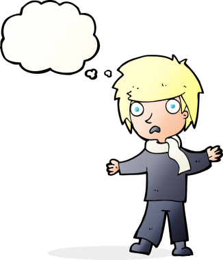 Bir insan tarafından çizilmiş düşünce baloncuğu olan mutsuz bir çocuk.