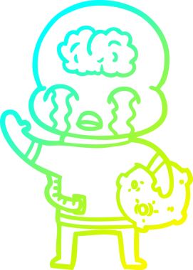 Bir çizgi filmin soğuk gradyan çizimi. Büyük beyin uzaylıları ağlıyor ve bir insan tarafından çekilen el sallıyor.