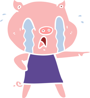 Bir insan tarafından çizilmiş insan kıyafetleri içinde ağlayan, yassı domuz tarzı çizgi film.