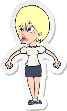 Çizgi film çıkartması. Bir insan tarafından çizilmiş rahatsız bir kadın.