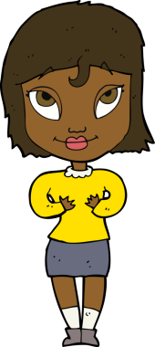 Bir insan tarafından çizilmiş kendine işaret eden karikatür kadını.