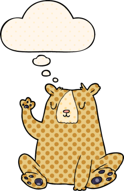 Çizgi roman tarzında bir insan tarafından çizilmiş düşünce baloncuğuyla el sallayan bir ayı.