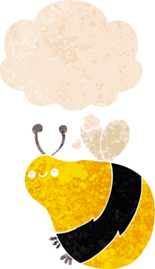 Düşünce baloncuğu olan çizgi film arısı bir insan tarafından çizilmiş dertli retro tarzı