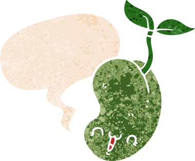 Tatlı çizgi film tohumu, konuşma baloncuğu ile filizleniyor grunge sıkıntılı retro dokuma tarzı bir insan tarafından çizilmiş