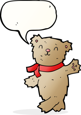 Bir insan tarafından çizilmiş konuşma balonlu oyuncak ayıyı sallayan çizgi film.