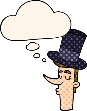 Düşünce baloncuklu silindir şapkalı çizgi film adamı bir insan tarafından çizilmiş.