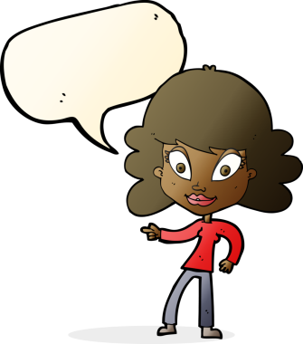 Bir insan tarafından çizilmiş bir konuşma balonuyla işaret eden çizgi film kadını.