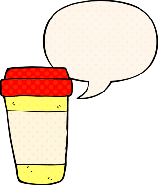 Bir insan tarafından çizilmiş çizgi roman tarzında konuşma balonlu kahve fincanı.