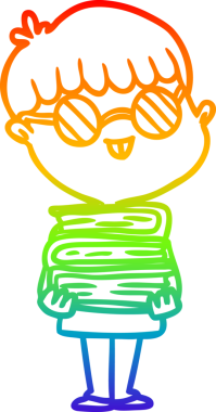 Gökkuşağı gradyan çizgi çizimi bir insan tarafından çizilmiş gözlüklü ve kitaplı inek bir çocuk.