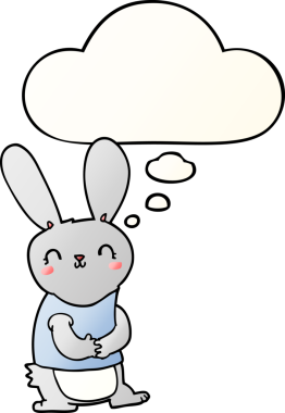 Düşünce baloncuğu olan sevimli çizgi film tavşanı bir insan tarafından çizilmiş.