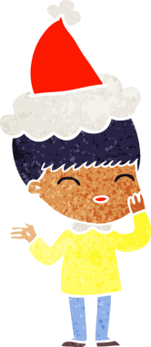 Mutlu el çizimi, Noel Baba şapkası takan bir çocuğun insan tarafından çizilmiş retro karikatürü.