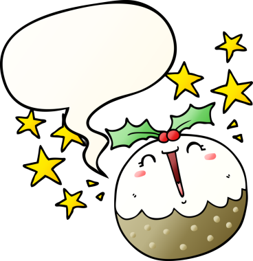 Tatlı çizgi film mutlu noel pudingi konuşma baloncuğu ile bir insan tarafından çizilmiş yumuşak gradyan tarzı