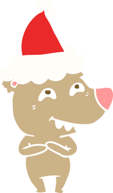 Bir insan tarafından çizilmiş Noel Baba şapkası takan bir ayının düz renk çizimi.