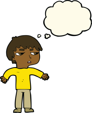 Bir insan tarafından çizilen düşünce baloncuğuyla sinirlenmiş bir çocuk.